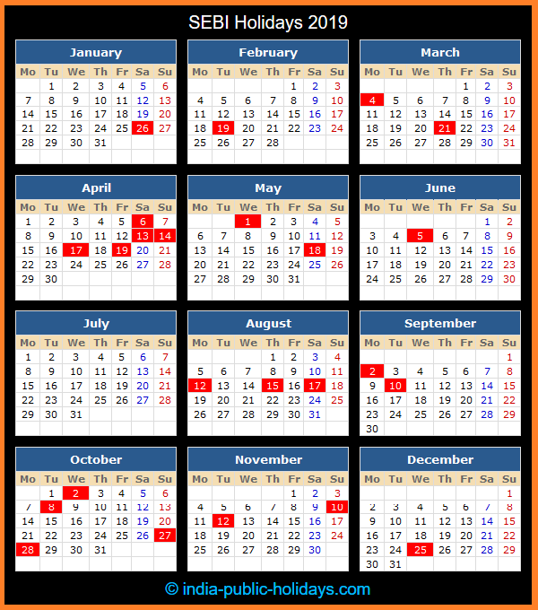 SEBI Holiday Calendar 2019